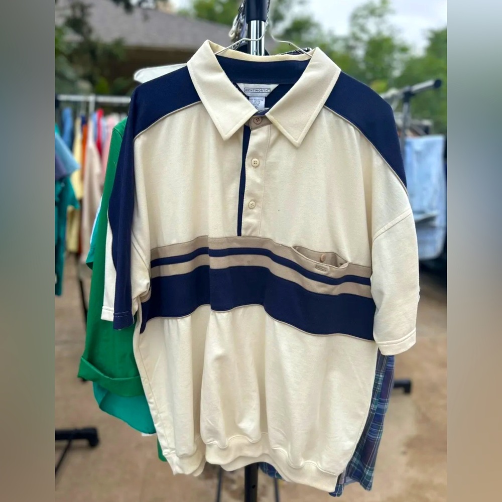 Vintage 90s Wentworth Off White & Blue Striped Casual Golf Polo Shirt Mens XL